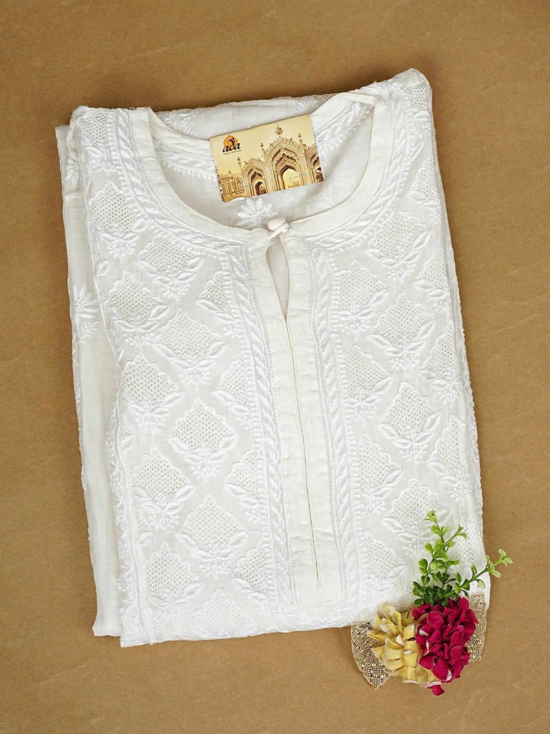Ada Hand Embroidered White Seashell Chanderi Lucknowi Chikankari Semi-Stitched Kurta Piece 01A883059