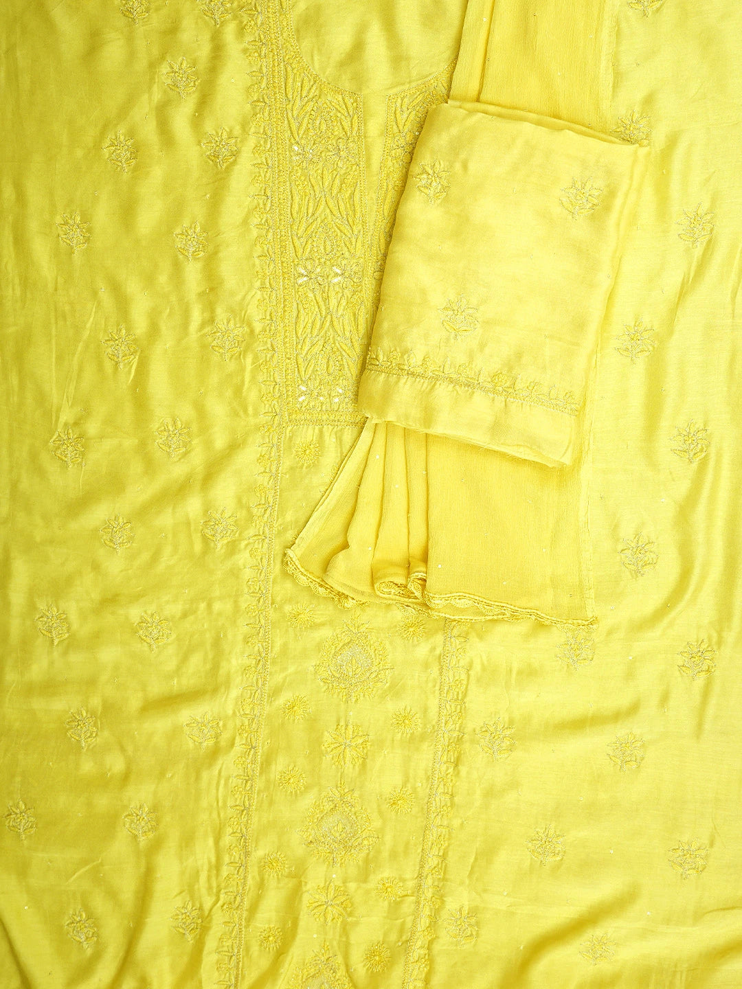 Ada Hand Embroidered Lemon Muslin Lucknowi Chikankari Unstitched Suit Piece With Zari Work 01A795829