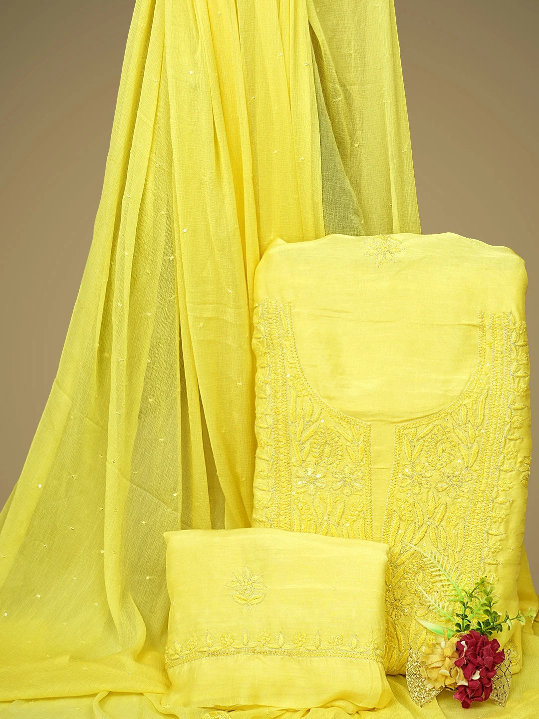 Ada Hand Embroidered Lemon Muslin Lucknowi Chikankari Unstitched Suit Piece With Zari Work 01A795829