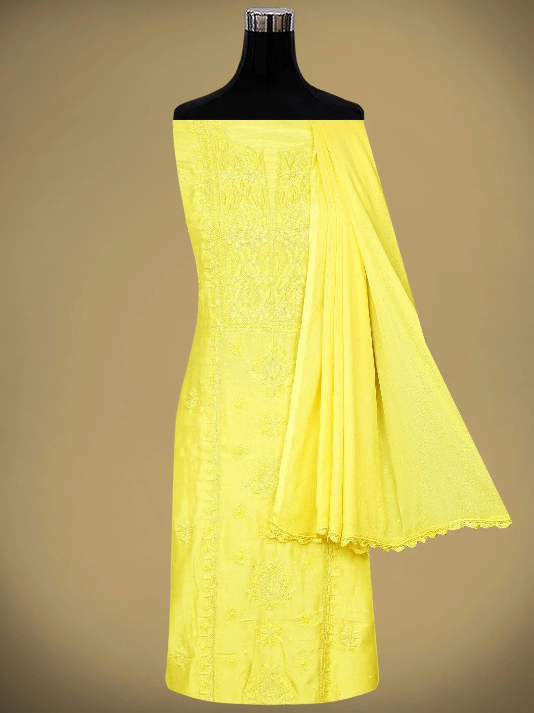 Ada Hand Embroidered Lemon Muslin Lucknowi Chikankari Unstitched Suit Piece With Zari Work 01A795829