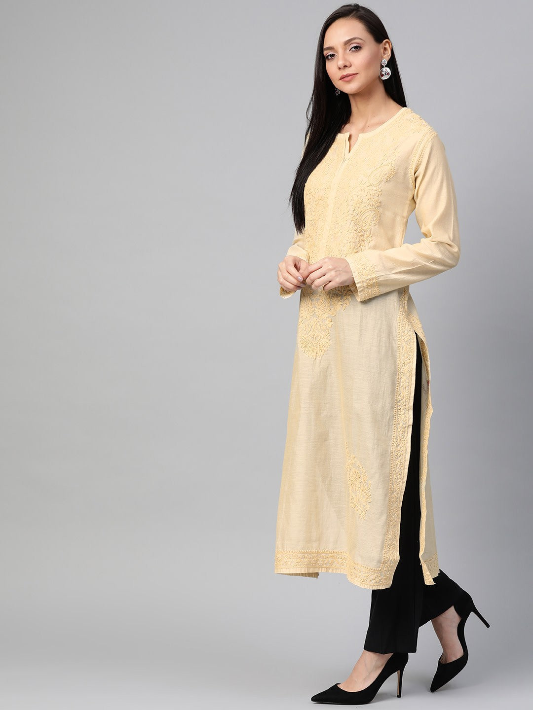 Ada Hand Embroidered Fawn Chanderi Lucknowi Chikankari Straight Kurta A100482