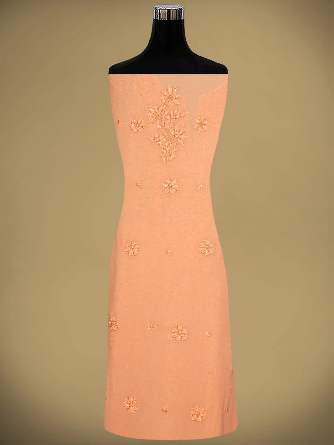 Ada Hand Embroidered Dark Peach Viscose Gerogette Lucknowi Chikankari Unstitched Kurta Dupatta Set With Cutdana Work 01A893820