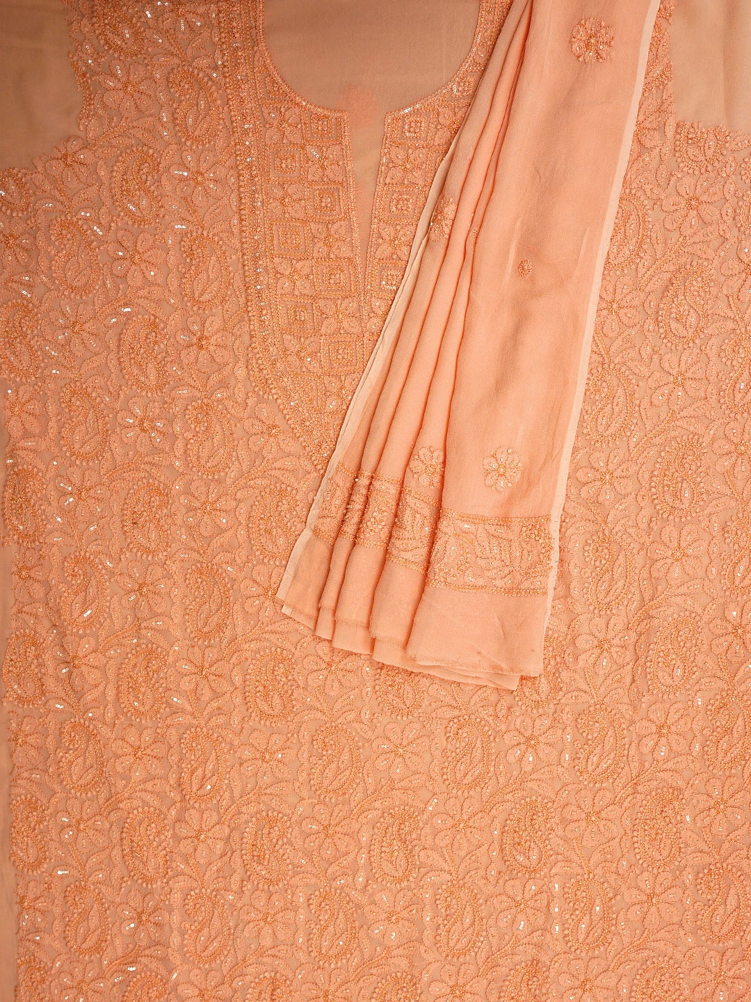 Ada Hand Embroidered Dark Peach Viscose Gerogette Lucknowi Chikankari Unstitched Kurta Dupatta Set With Cutdana Work 01A893820