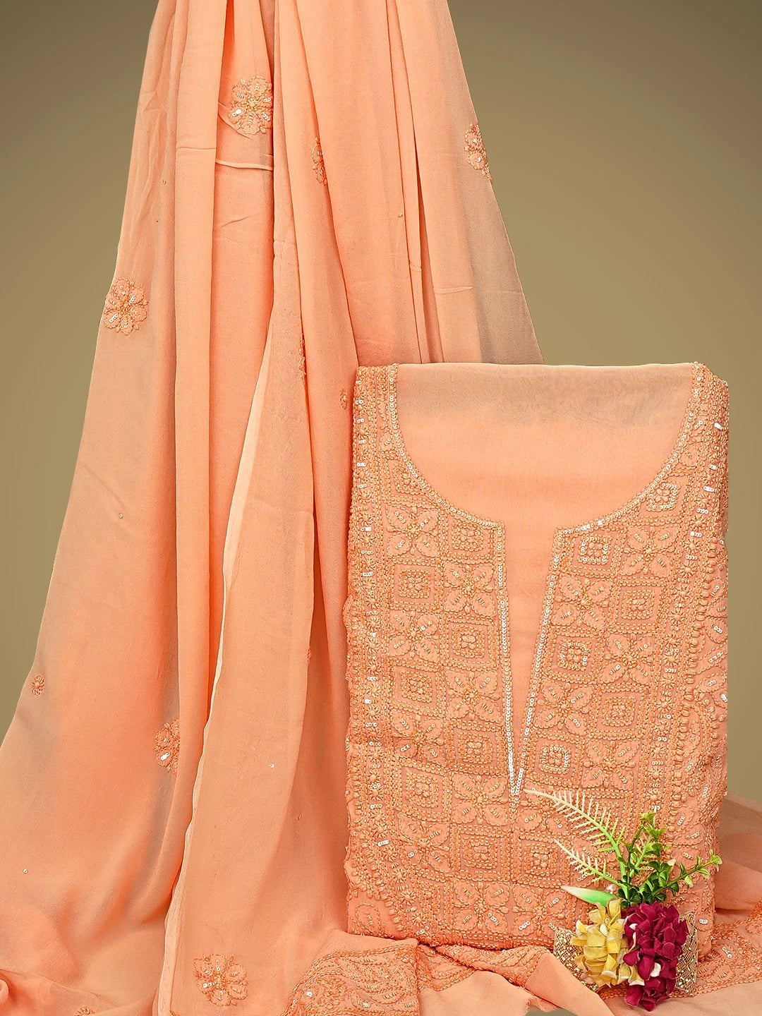Ada Hand Embroidered Dark Peach Viscose Gerogette Lucknowi Chikankari Unstitched Kurta Dupatta Set With Cutdana Work 01A893820
