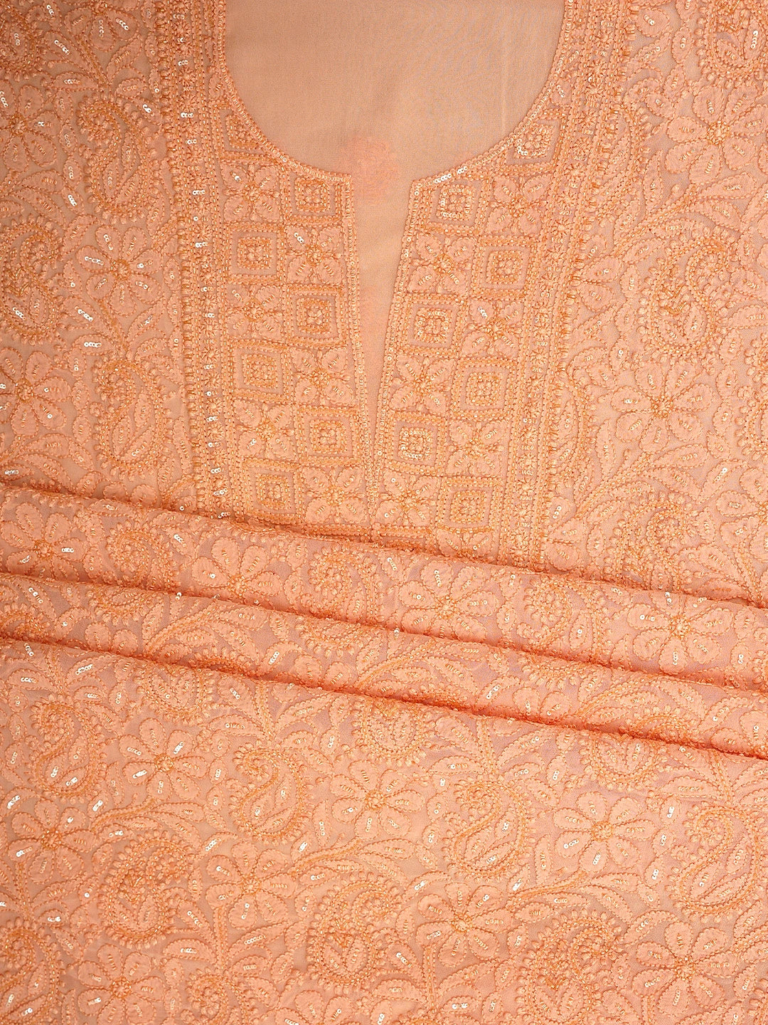 Ada Hand Embroidered Dark Peach Viscose Gerogette Lucknowi Chikankari Unstitched Kurta Dupatta Set With Cutdana Work 01A893820