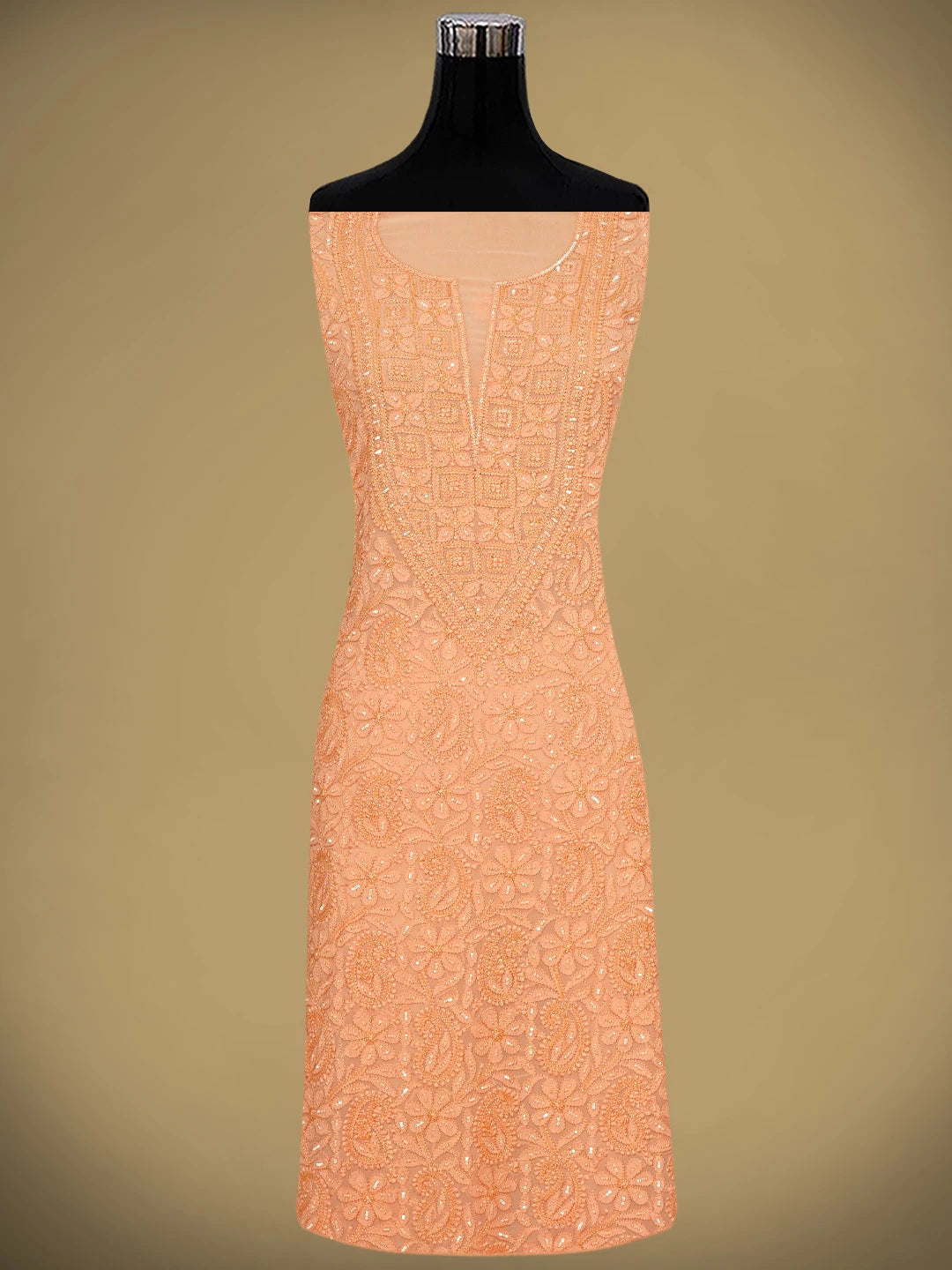 Ada Hand Embroidered Dark Peach Viscose Gerogette Lucknowi Chikankari Unstitched Kurta Dupatta Set With Cutdana Work 01A893820