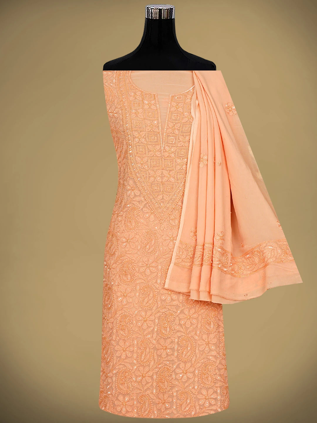 Ada Hand Embroidered Dark Peach Viscose Gerogette Lucknowi Chikankari Unstitched Kurta Dupatta Set With Cutdana Work 01A893820