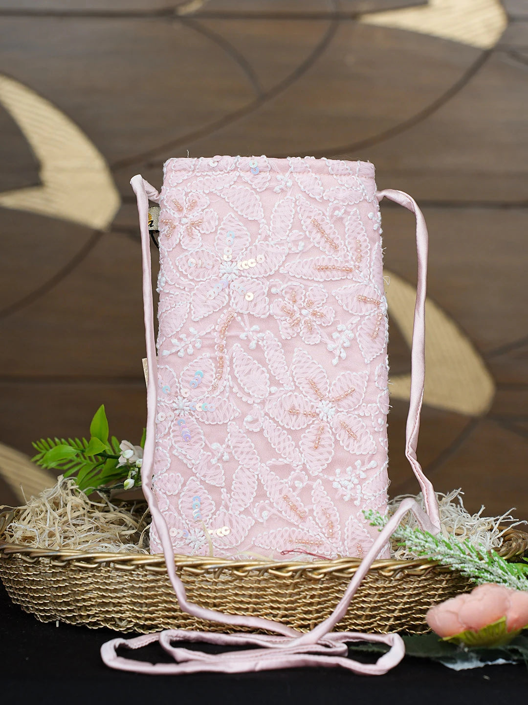 Ada Hand Embroidered Pink Viscose Georgette Lucknowi Chikankari Mobile Cover With Sequinned Work 01A900533