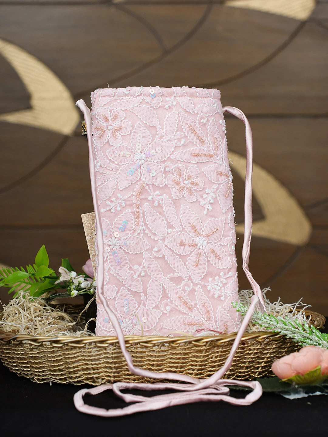 Ada Hand Embroidered Pink Viscose Georgette Lucknowi Chikankari Mobile Cover With Sequinned Work 01A900533