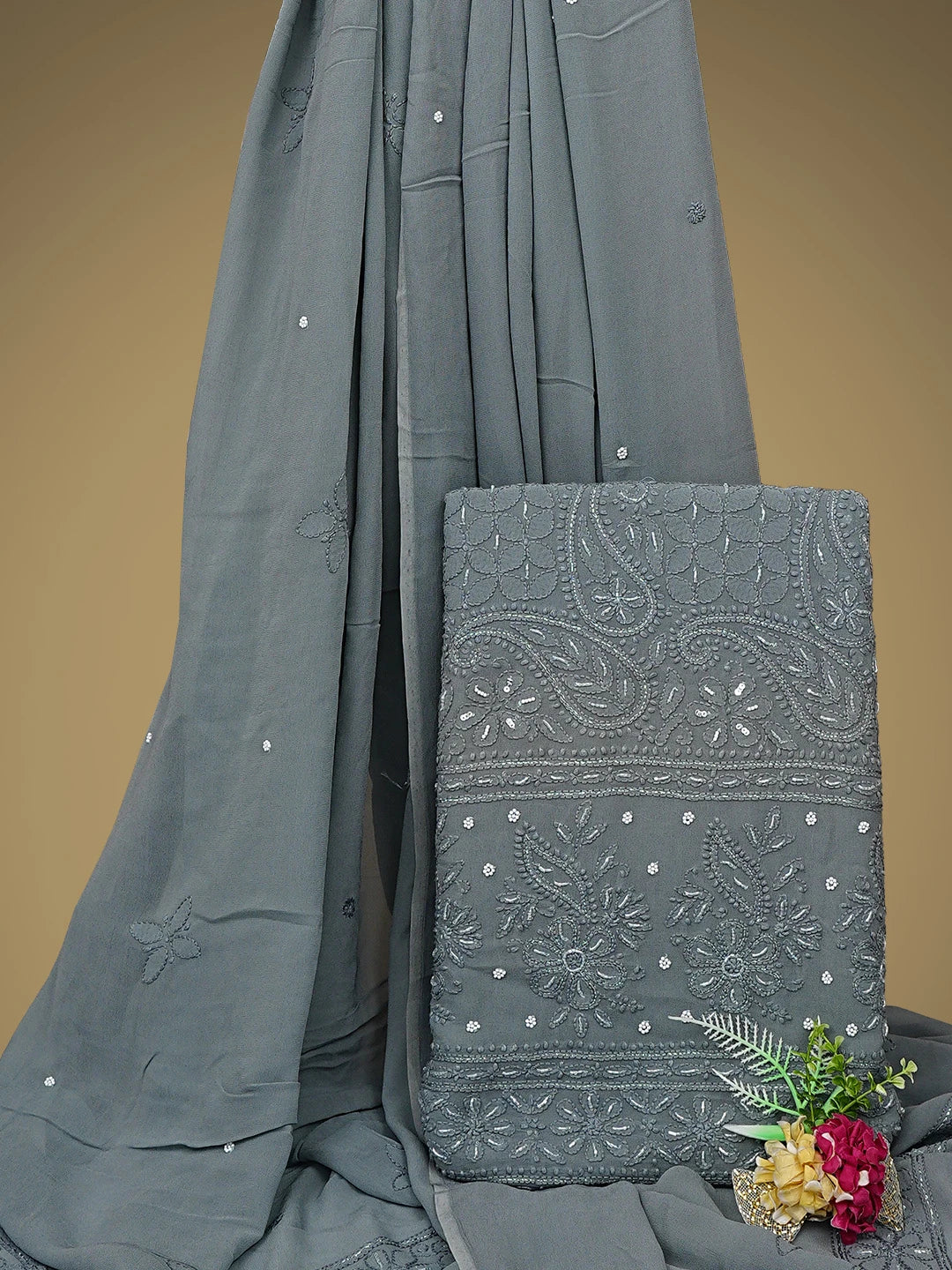 Ada Hand Embroidered Dark Grey Viscose Georgette Lucknowi Chikankari Unstitched Kurta Dupatta Set With Cutdana Work 01A893650
