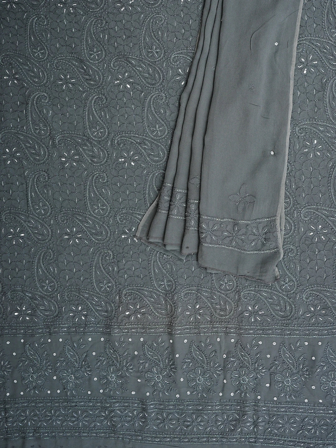 Ada Hand Embroidered Dark Grey Viscose Georgette Lucknowi Chikankari Unstitched Kurta Dupatta Set With Cutdana Work 01A893650