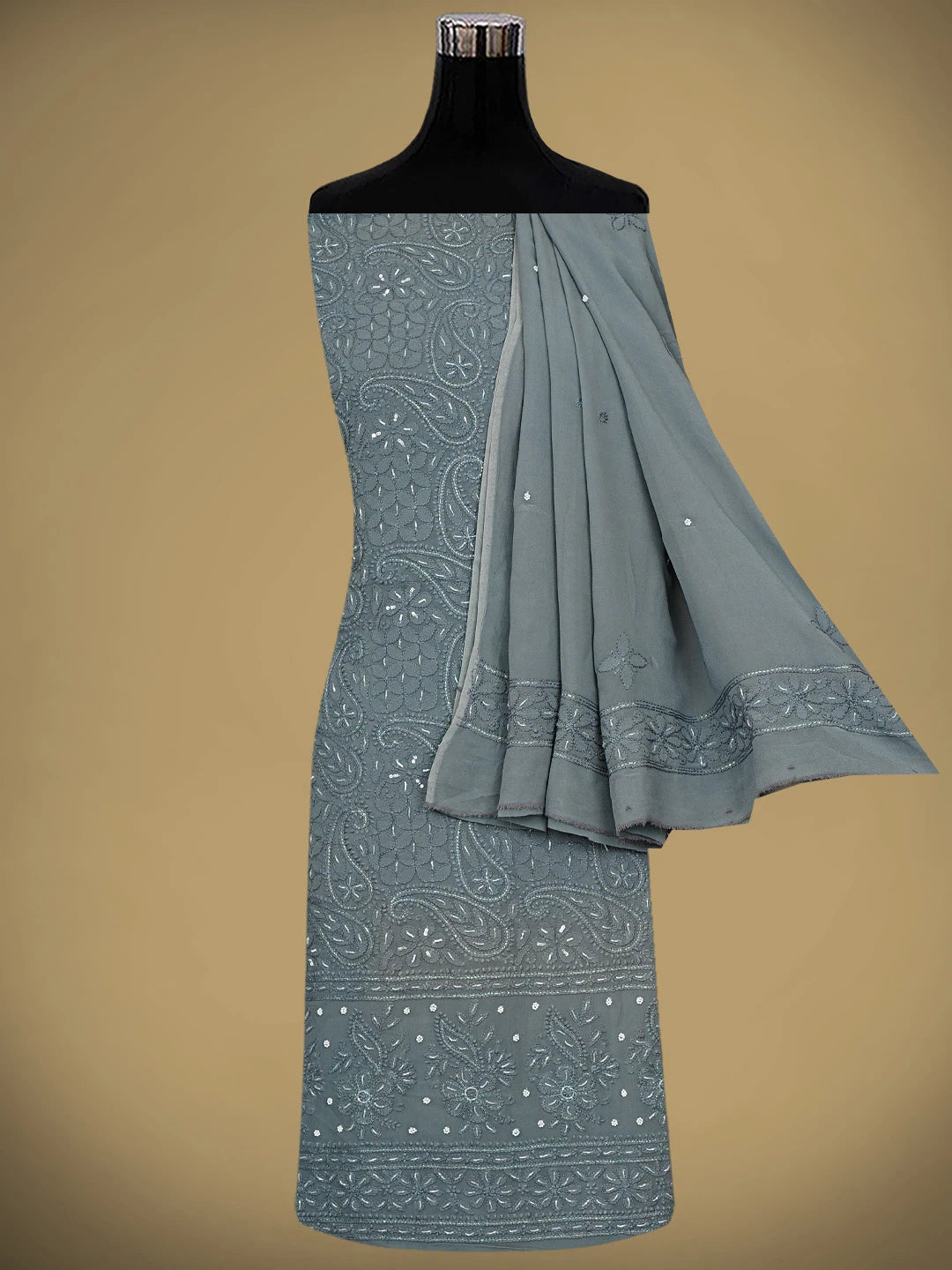 Ada Hand Embroidered Dark Grey Viscose Georgette Lucknowi Chikankari Unstitched Kurta Dupatta Set With Cutdana Work 01A893650