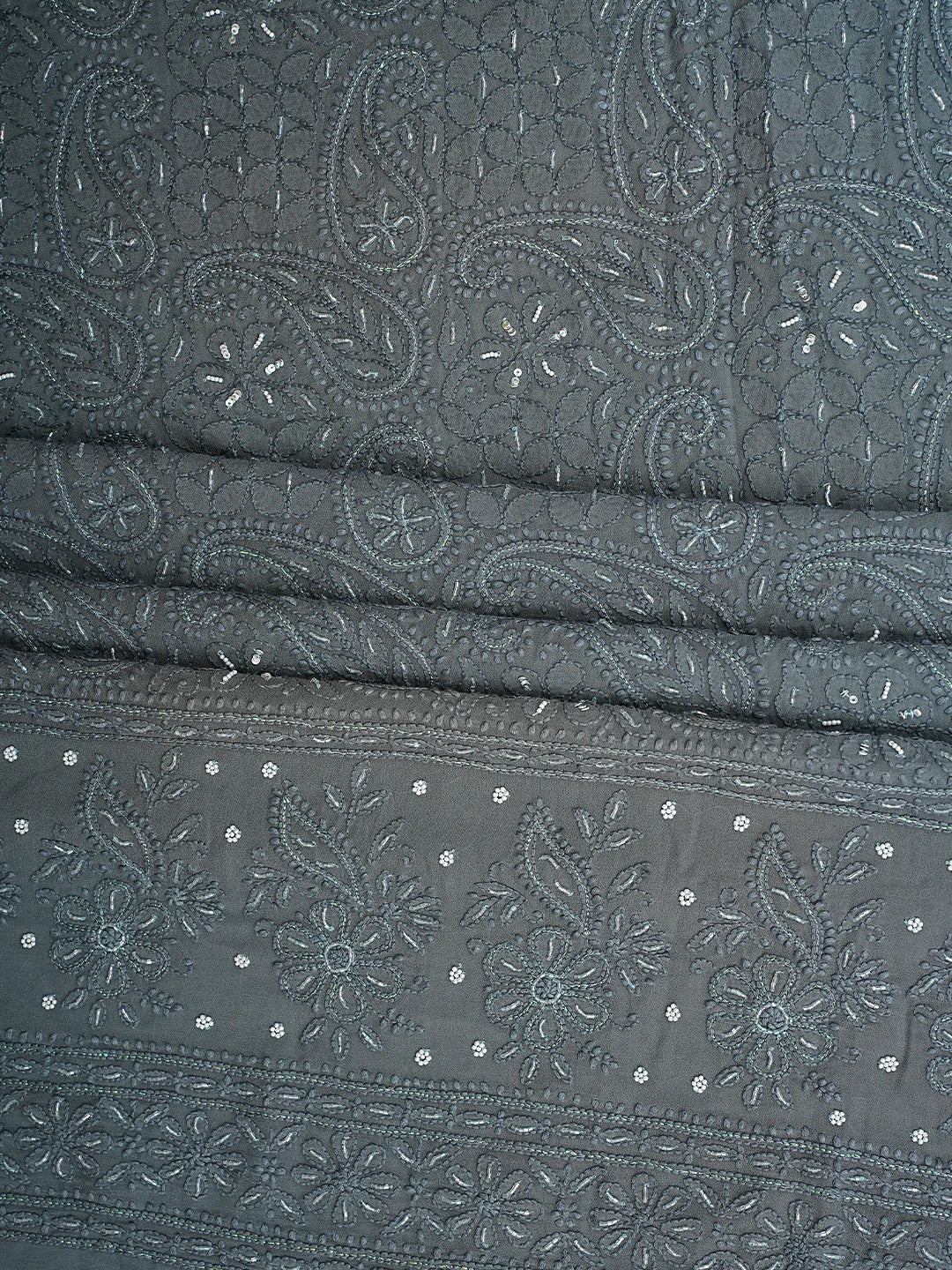 Ada Hand Embroidered Dark Grey Viscose Georgette Lucknowi Chikankari Unstitched Kurta Dupatta Set With Cutdana Work 01A893650