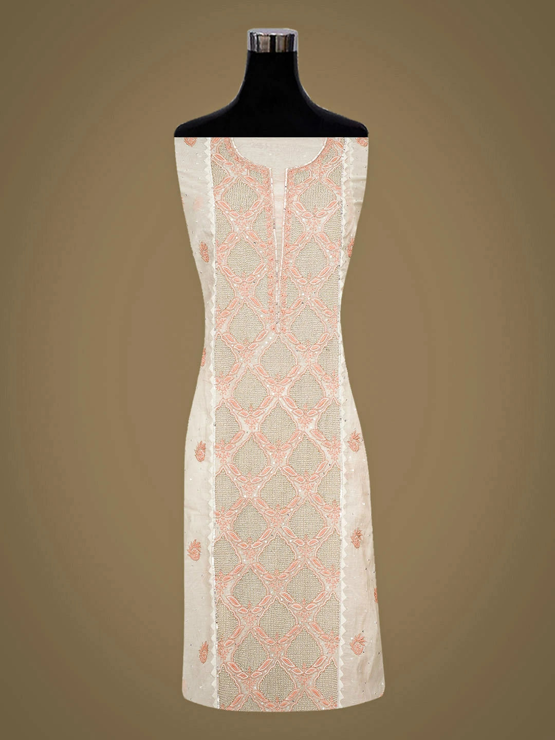 Ada Hand Embroidered White Chanderi Lucknowi Chikankari Semi-Stitched Kurta Dupatta Set With Pearl Work 01A899358