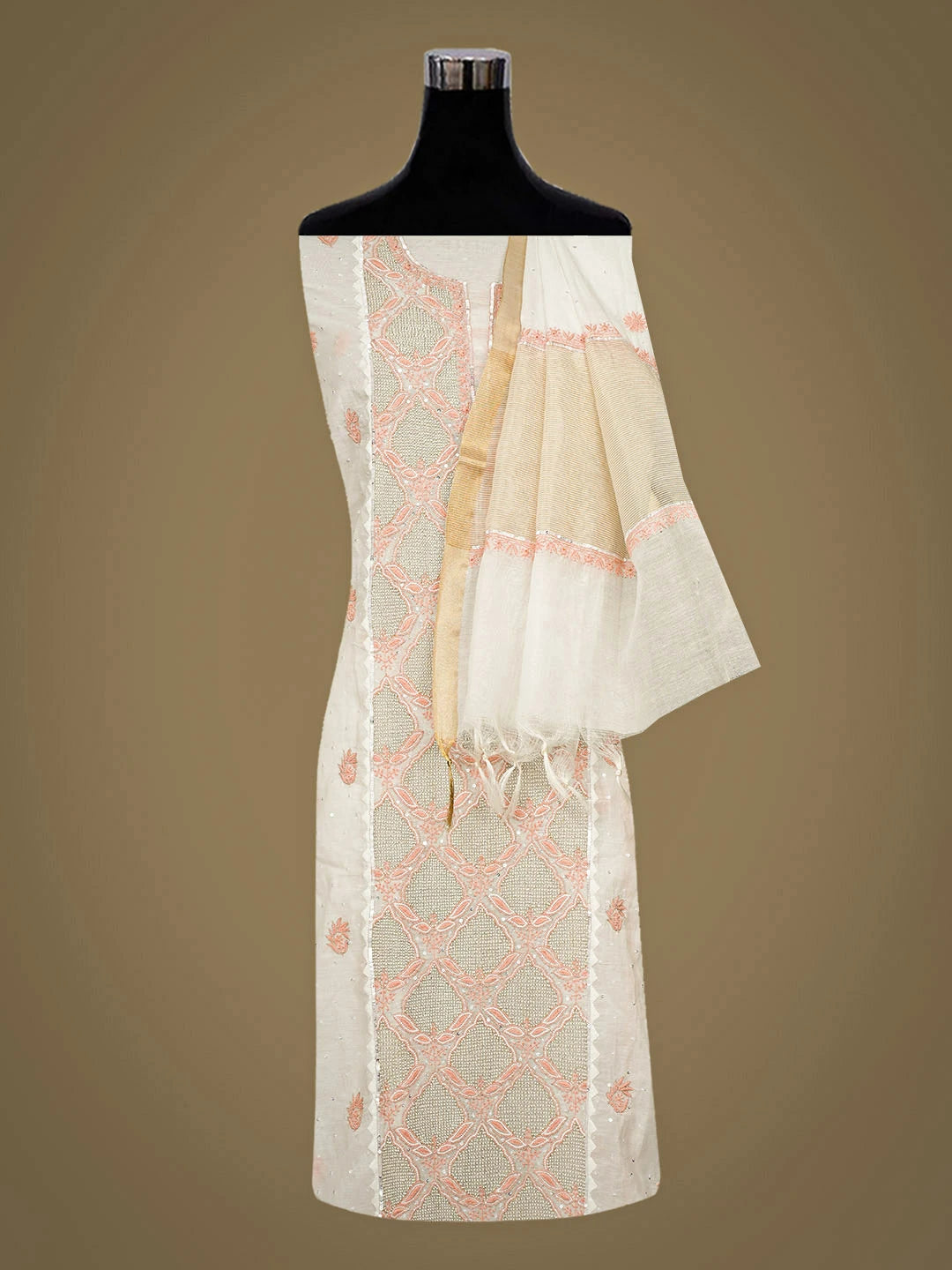 Ada Hand Embroidered White Chanderi Lucknowi Chikankari Semi-Stitched Kurta Dupatta Set With Pearl Work 01A899358