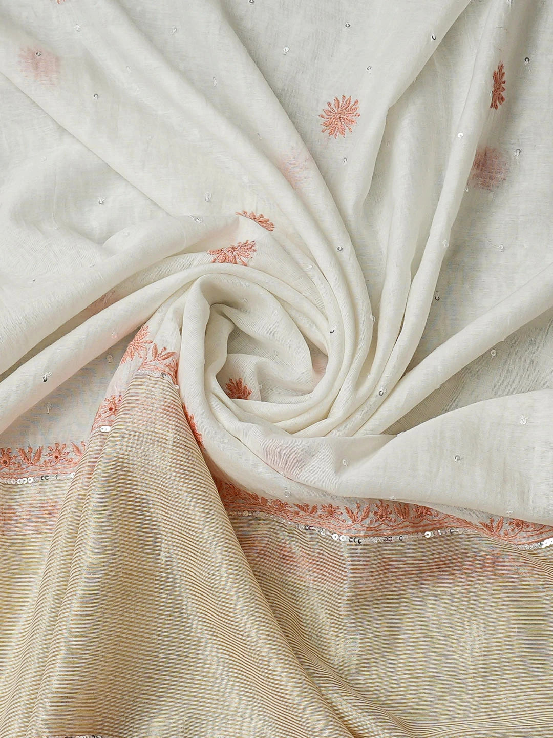 Ada Hand Embroidered White Chanderi Lucknowi Chikankari Semi-Stitched Kurta Dupatta Set With Pearl Work 01A899358