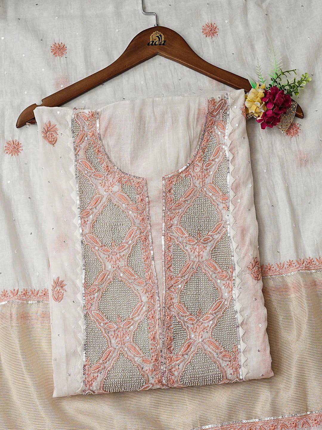 Ada Hand Embroidered White Chanderi Lucknowi Chikankari Semi-Stitched Kurta Dupatta Set With Pearl Work 01A899358