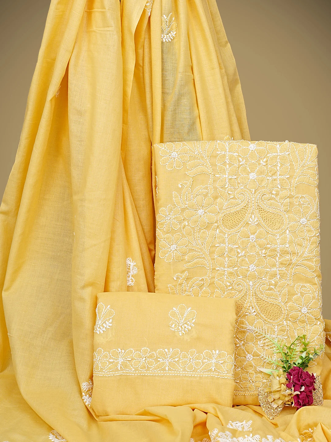 Ada Hand Embroidered Yellow Cotton Lucknowi Chikankari Unstitched Suit Piece 01A550355