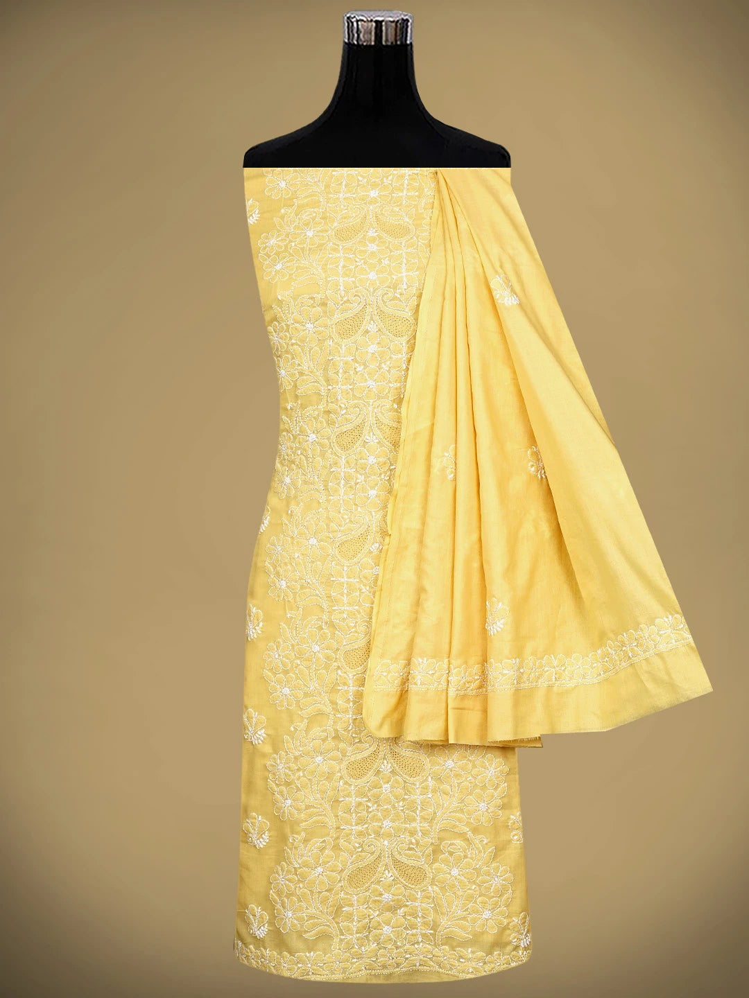 Ada Hand Embroidered Yellow Cotton Lucknowi Chikankari Unstitched Suit Piece 01A550355