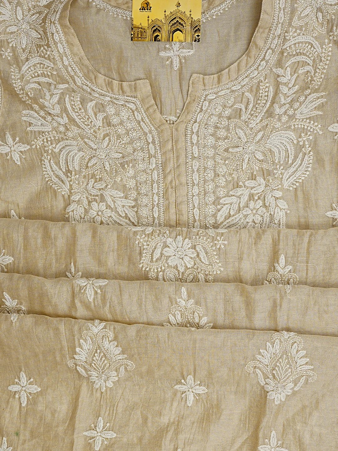 Ada Hand Embroidered Fawn Tissue Lucknowi Chikankari Semi-Stitched Kurta Piece With Cutdana Work 01A951329