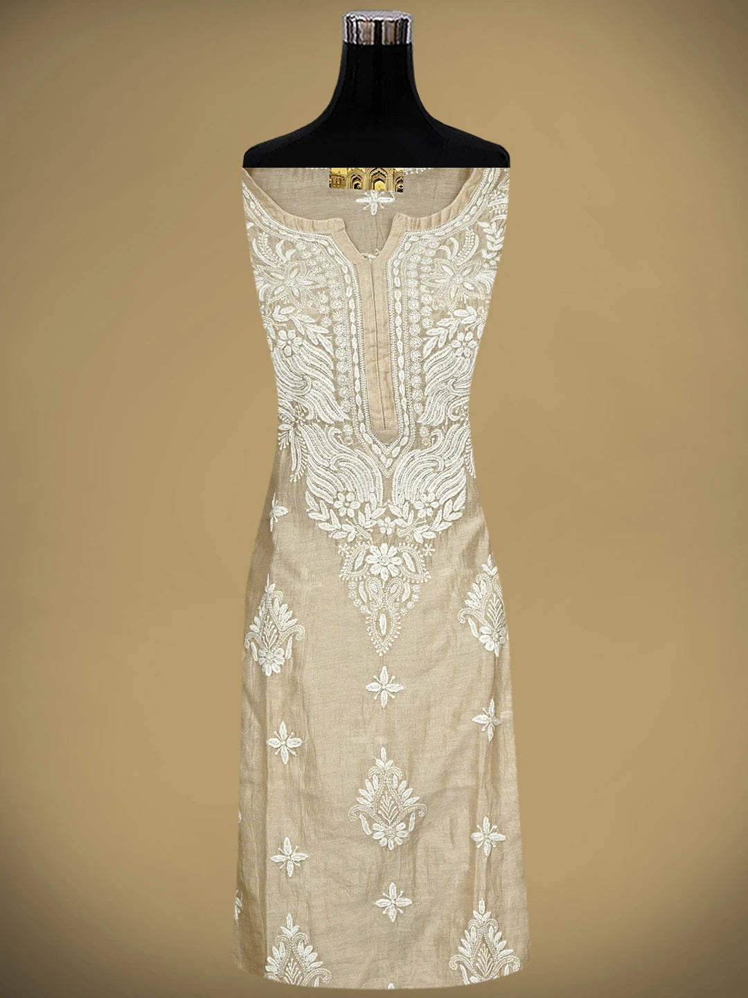 Ada Hand Embroidered Fawn Tissue Lucknowi Chikankari Semi-Stitched Kurta Piece With Cutdana Work 01A951329