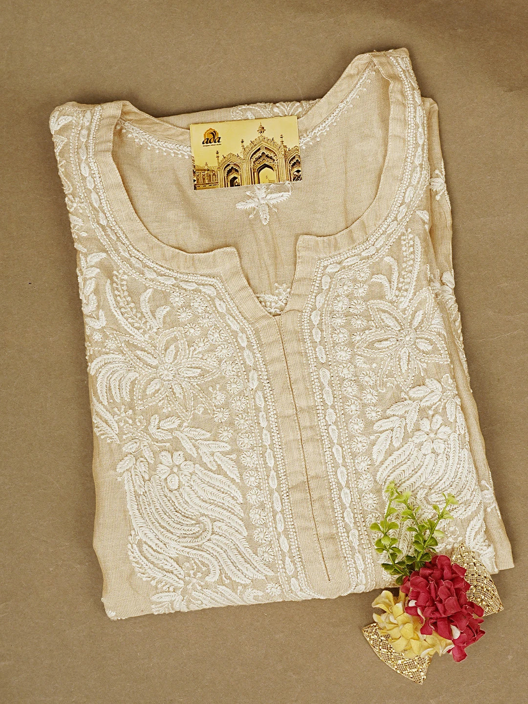 Ada Hand Embroidered Fawn Tissue Lucknowi Chikankari Semi-Stitched Kurta Piece With Cutdana Work 01A951329