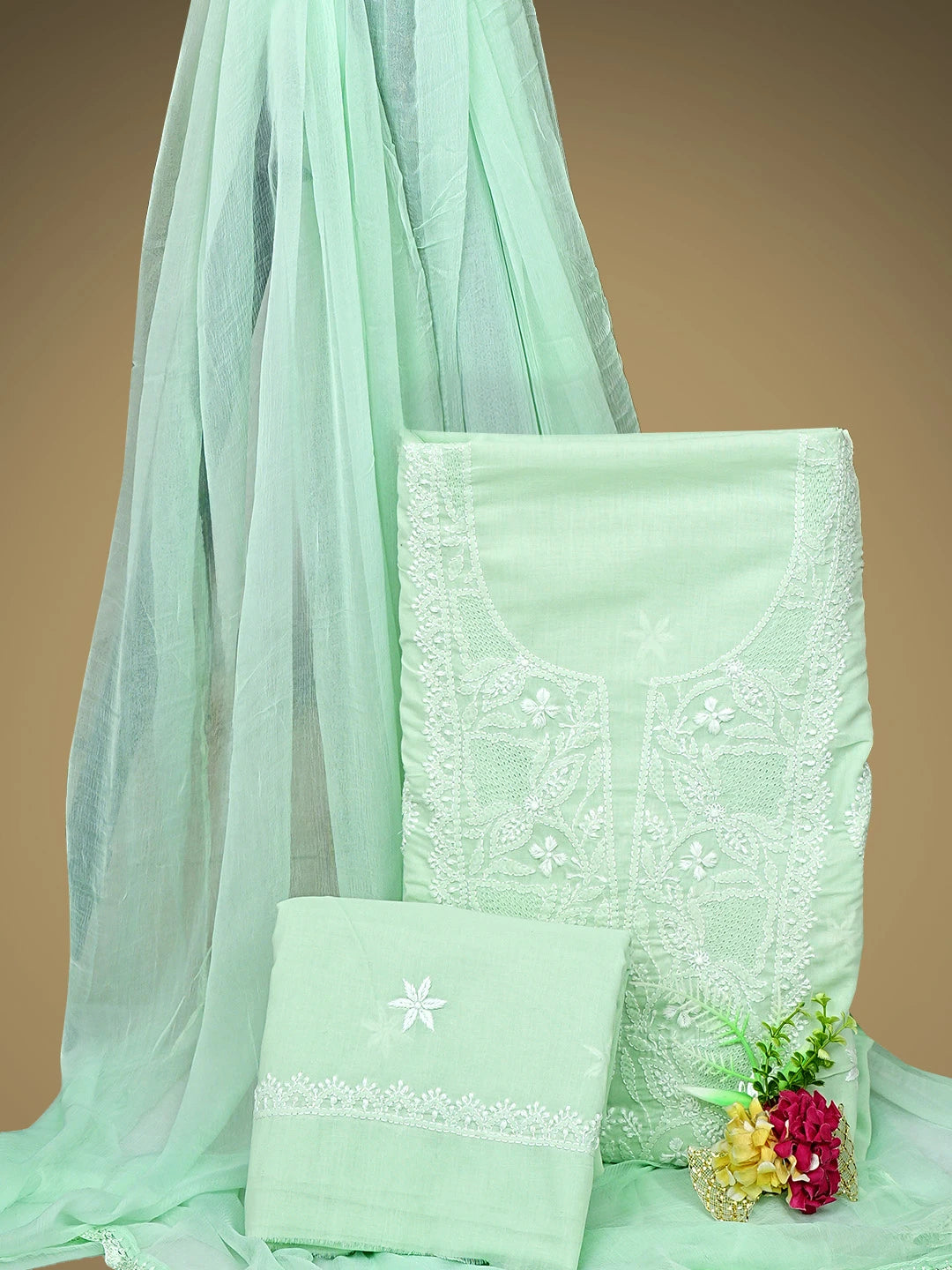 Ada Hand Embroidered Celadon Green Cotton Lucknowi Chikankari Unstitched Suit Piece 01A762962