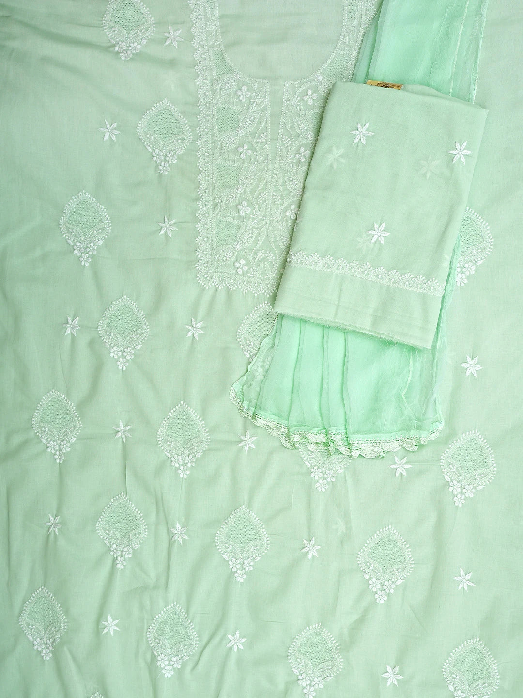 Ada Hand Embroidered Celadon Green Cotton Lucknowi Chikankari Unstitched Suit Piece 01A762962