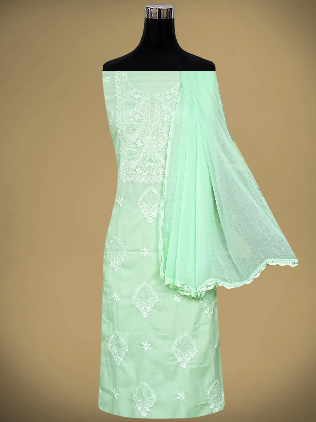 Ada Hand Embroidered Celadon Green Cotton Lucknowi Chikankari Unstitched Suit Piece 01A762962