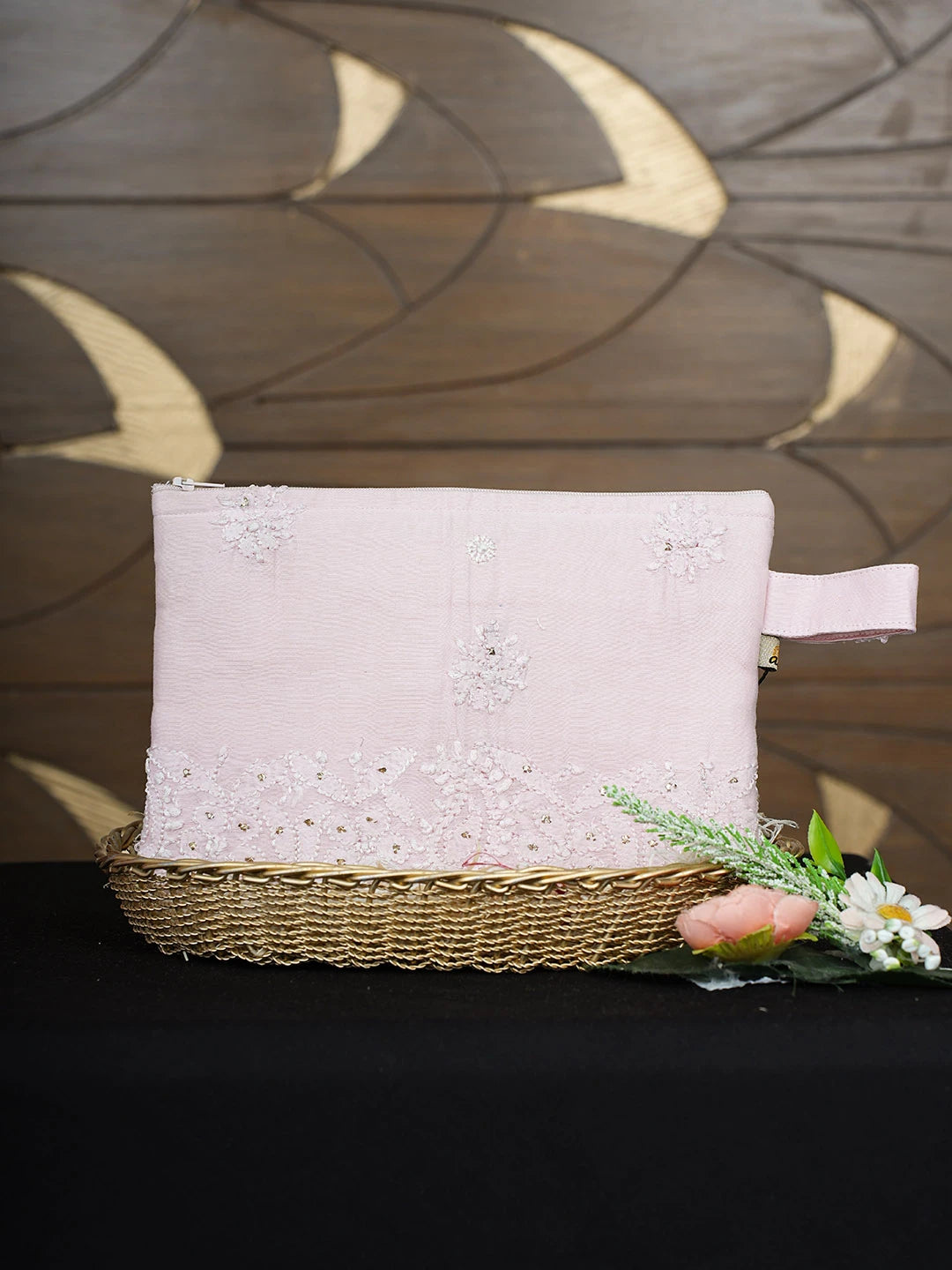 Ada Hand Embroidered Light Pink Silk Lucknowi Chikankari Pouch with Muqaish Work 01A935792