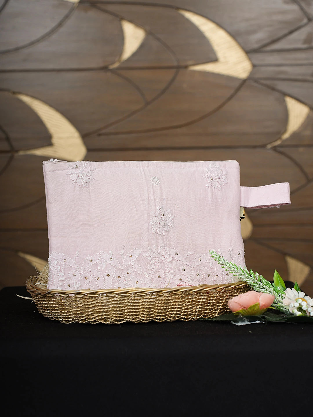 Ada Hand Embroidered Light Pink Silk Lucknowi Chikankari Pouch with Muqaish Work 01A935792