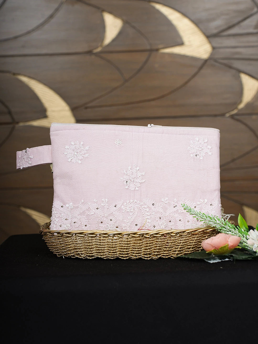 Ada Hand Embroidered Light Pink Silk Lucknowi Chikankari Pouch with Muqaish Work 01A935792
