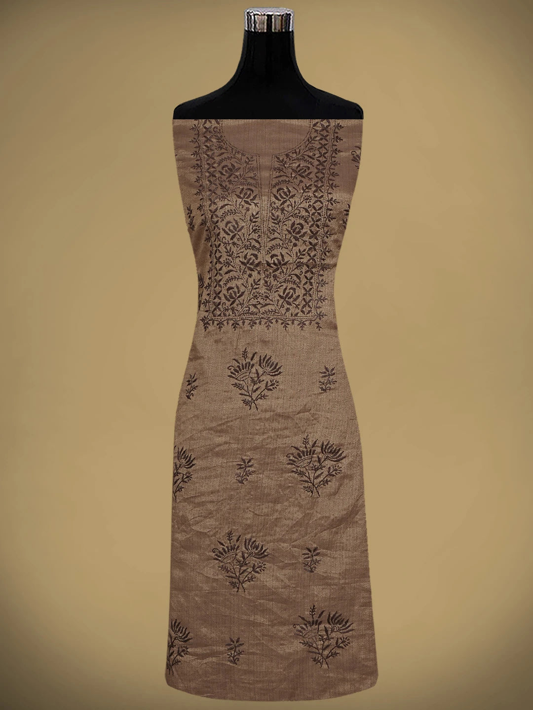 Ada Hand Embroidered Brown Tissue Lucknowi Chikankari Unstitched Kurta Dupatta Set 01A946067