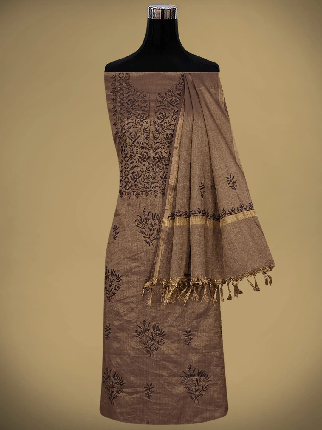 Ada Hand Embroidered Brown Tissue Lucknowi Chikankari Unstitched Kurta Dupatta Set 01A946067