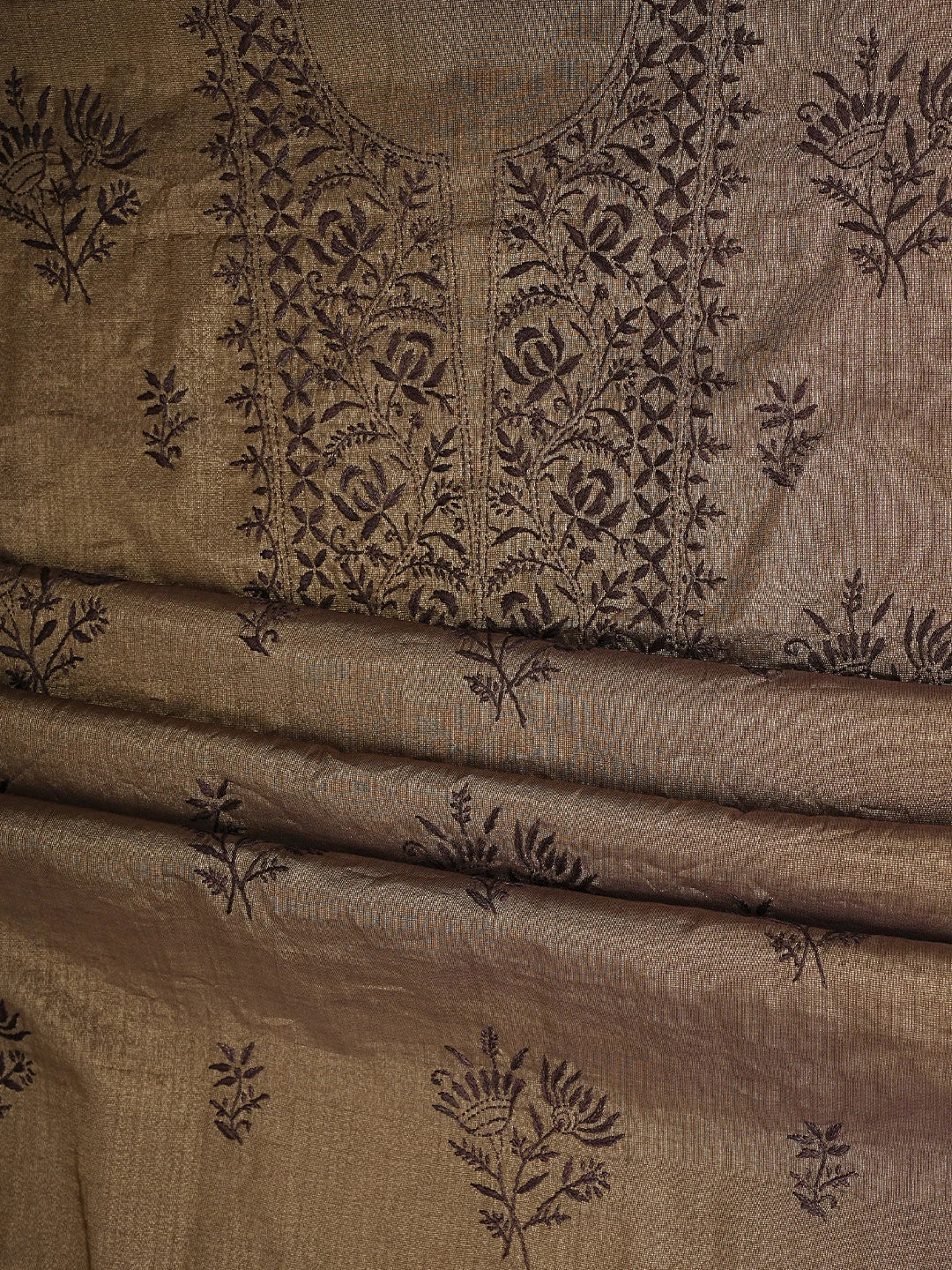 Ada Hand Embroidered Brown Tissue Lucknowi Chikankari Unstitched Kurta Dupatta Set 01A946067