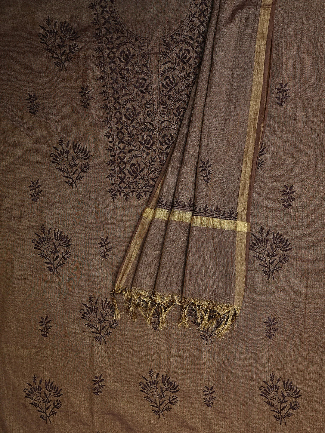 Ada Hand Embroidered Brown Tissue Lucknowi Chikankari Unstitched Kurta Dupatta Set 01A946067