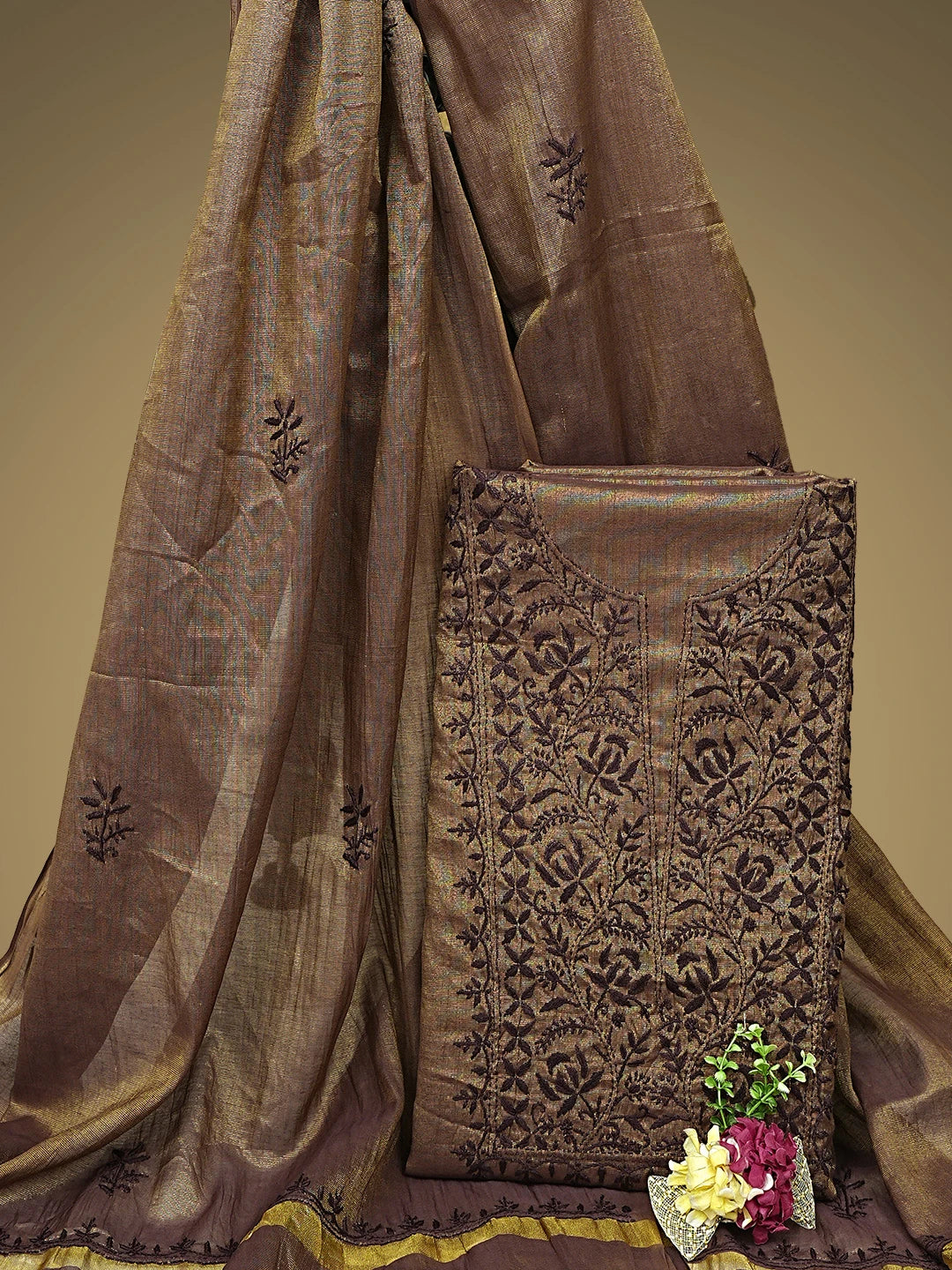 Ada Hand Embroidered Brown Tissue Lucknowi Chikankari Unstitched Kurta Dupatta Set 01A946067