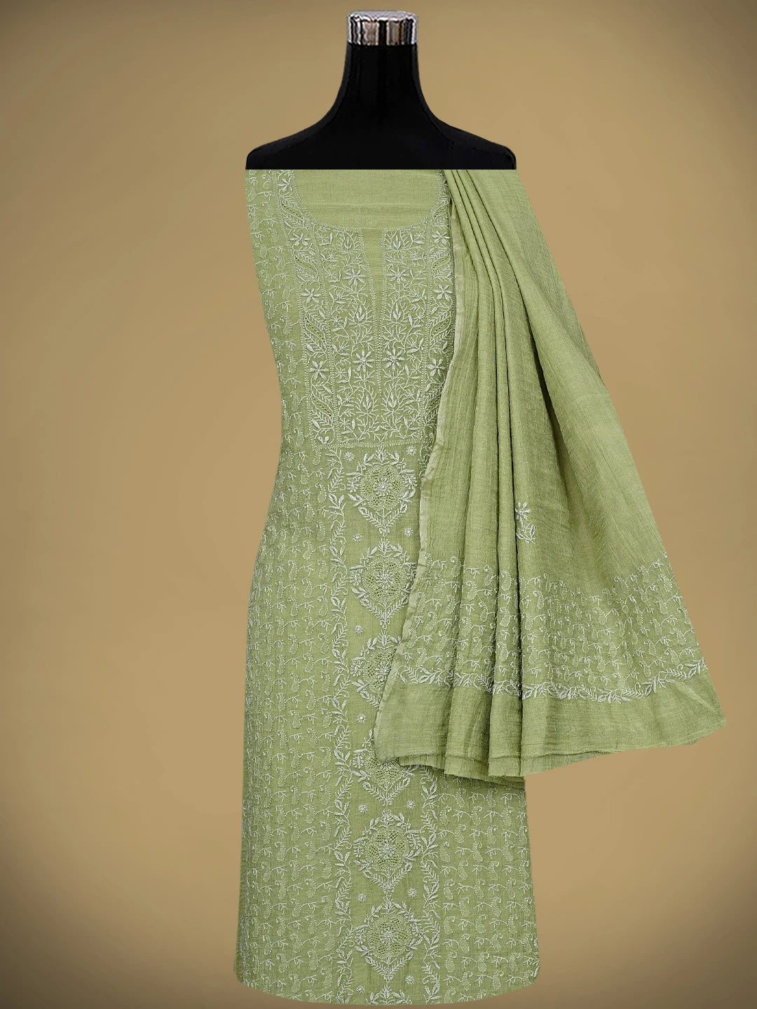 Ada Hand Embroidered Mehandi Green Tissue Lucknowi Chikankari Unstitched Kurta Dupatta Set 01A943646