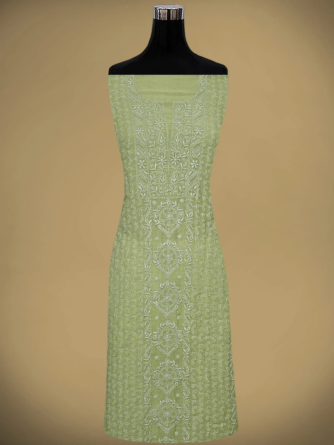 Ada Hand Embroidered Mehandi Green Tissue Lucknowi Chikankari Unstitched Kurta Dupatta Set 01A943646