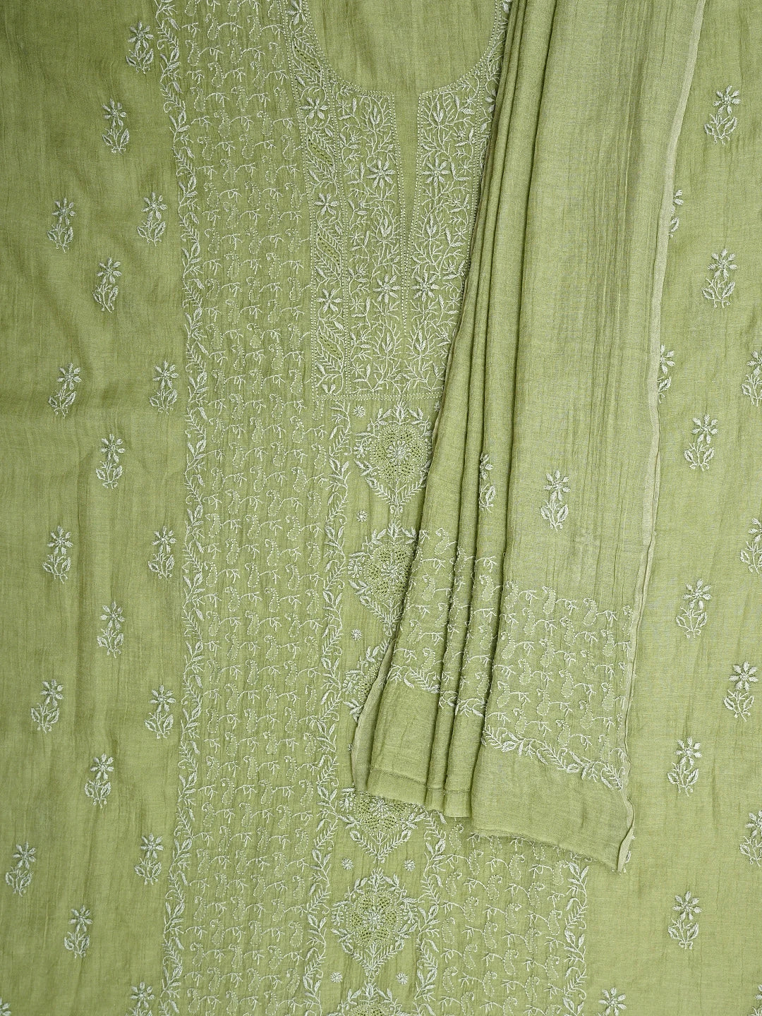Ada Hand Embroidered Mehandi Green Tissue Lucknowi Chikankari Unstitched Kurta Dupatta Set 01A943646