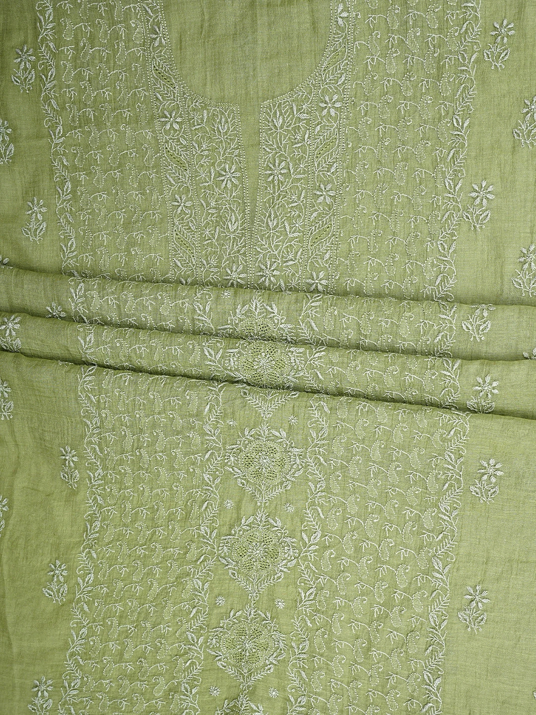 Ada Hand Embroidered Mehandi Green Tissue Lucknowi Chikankari Unstitched Kurta Dupatta Set 01A943646
