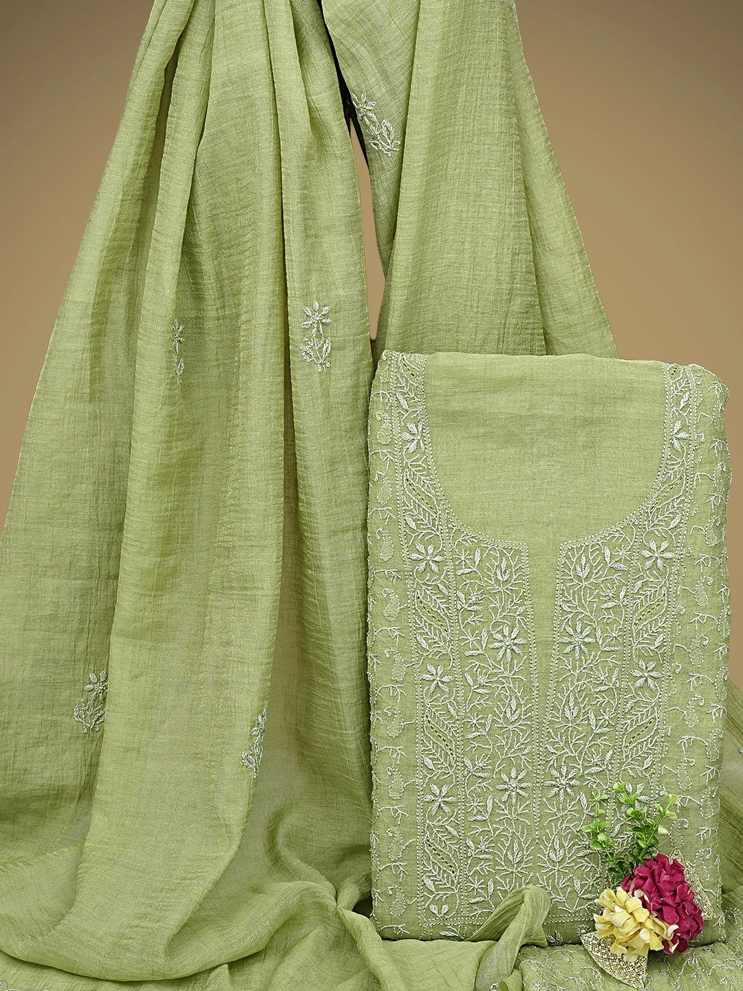 Ada Hand Embroidered Mehandi Green Tissue Lucknowi Chikankari Unstitched Kurta Dupatta Set 01A943646