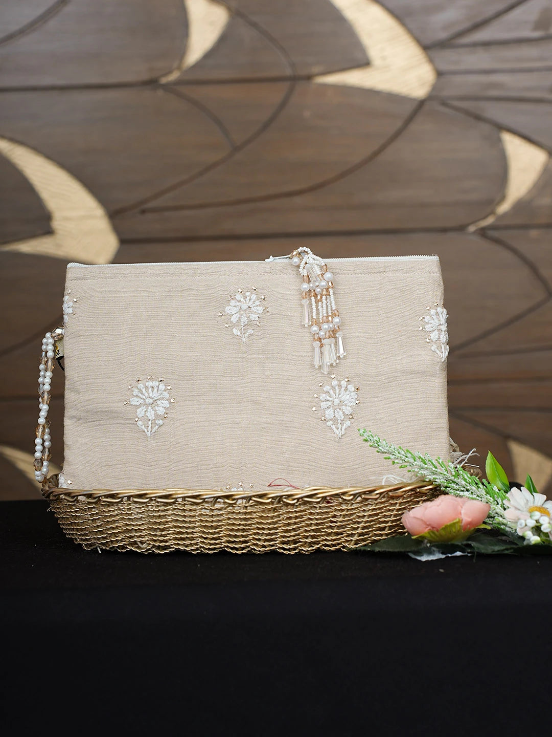 Ada Hand Embroidered Fawn Tissue Lucknowi Chikankari Pouch with Muqaish Work 01A938441
