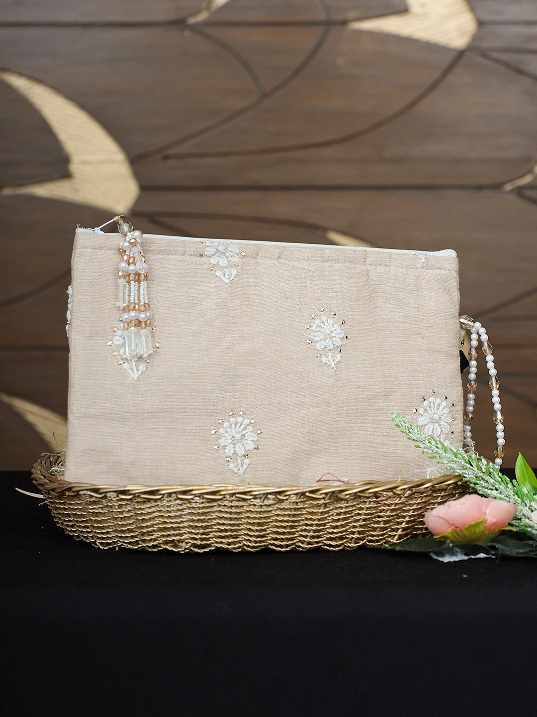Ada Hand Embroidered Fawn Tissue Lucknowi Chikankari Pouch with Muqaish Work 01A938441