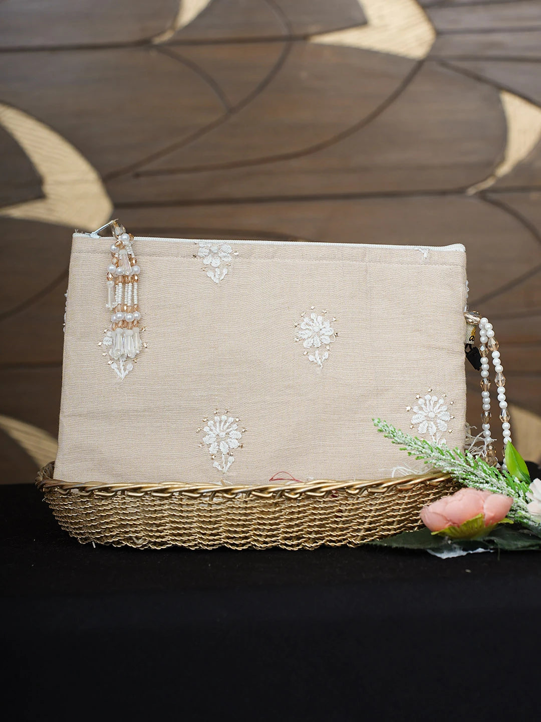 Ada Hand Embroidered Fawn Tissue Lucknowi Chikankari Pouch with Muqaish Work 01A938441