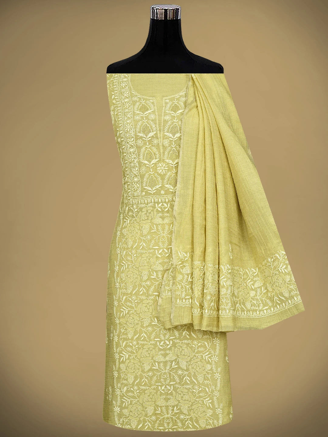 Ada Hand Embroidered Lime Green Tissue Lucknowi Chikankari Unstitched Kurta Dupatta Set 01A943637