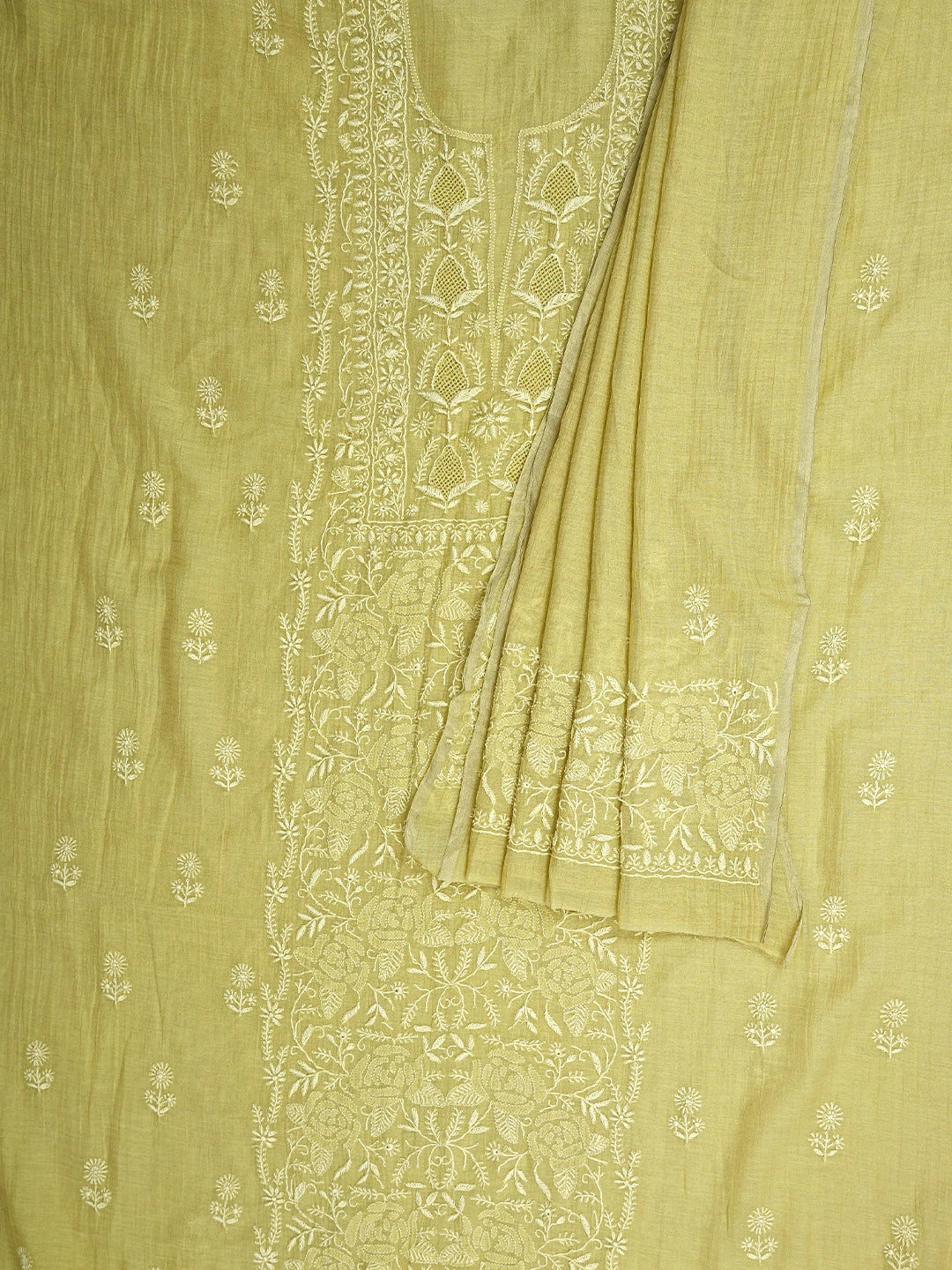 Ada Hand Embroidered Lime Green Tissue Lucknowi Chikankari Unstitched Kurta Dupatta Set 01A943637