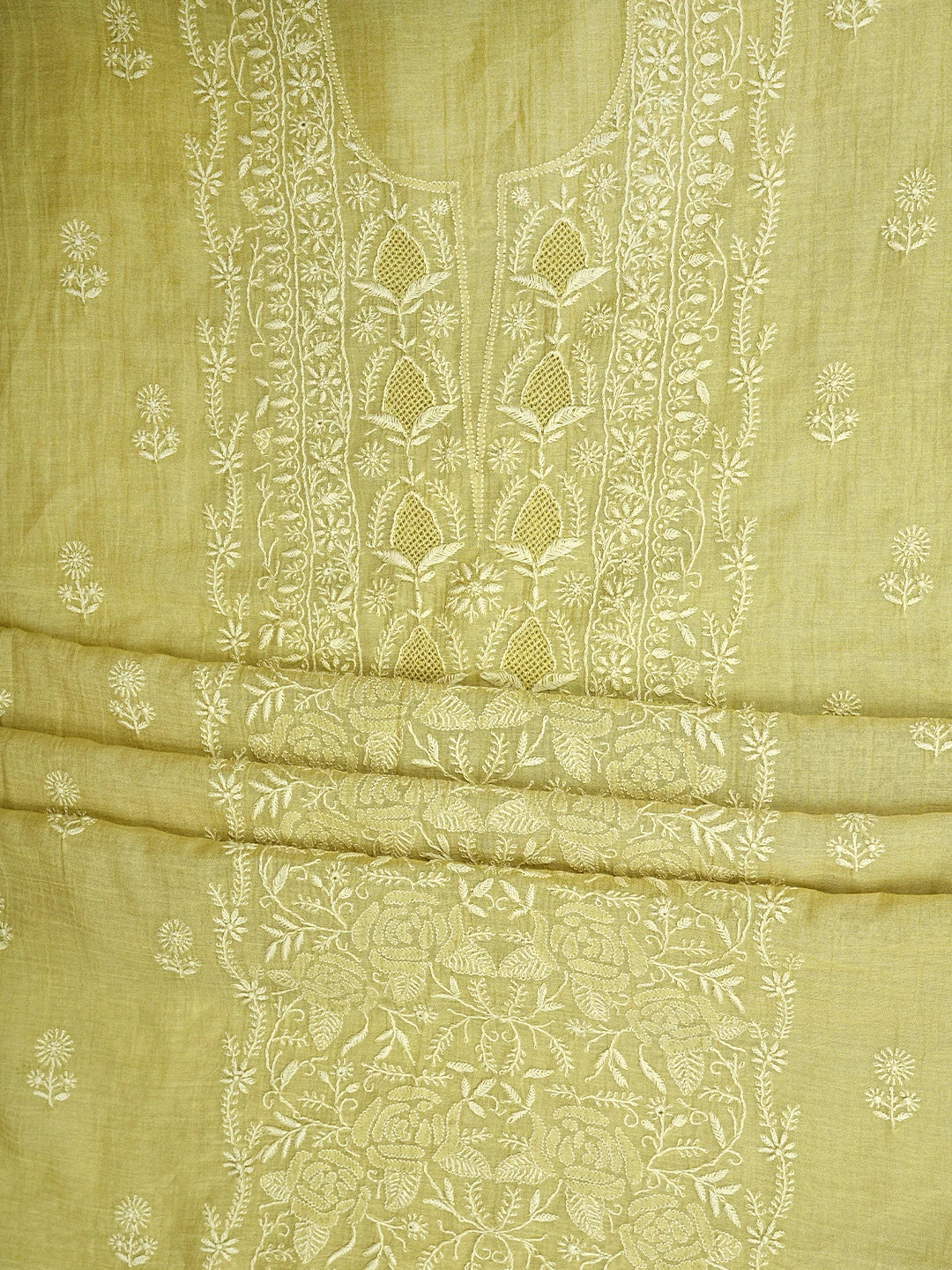 Ada Hand Embroidered Lime Green Tissue Lucknowi Chikankari Unstitched Kurta Dupatta Set 01A943637