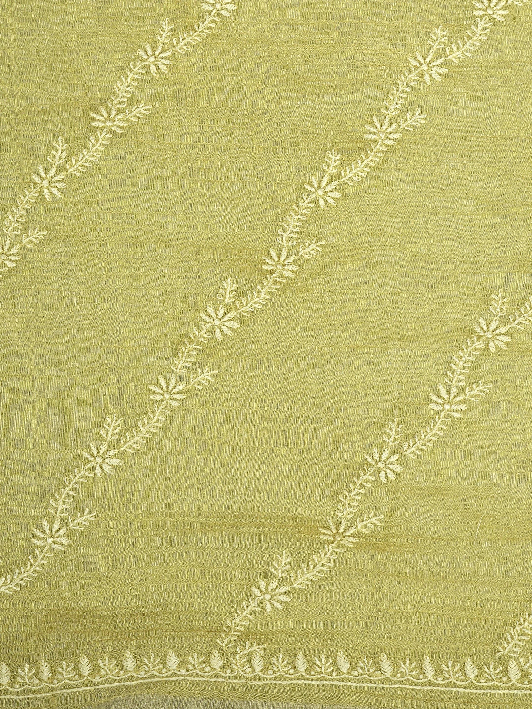 Ada Hand Embroidered Lime Green Tissue Lucknowi Chikankari Unstitched Kurta Dupatta Set 01A943637