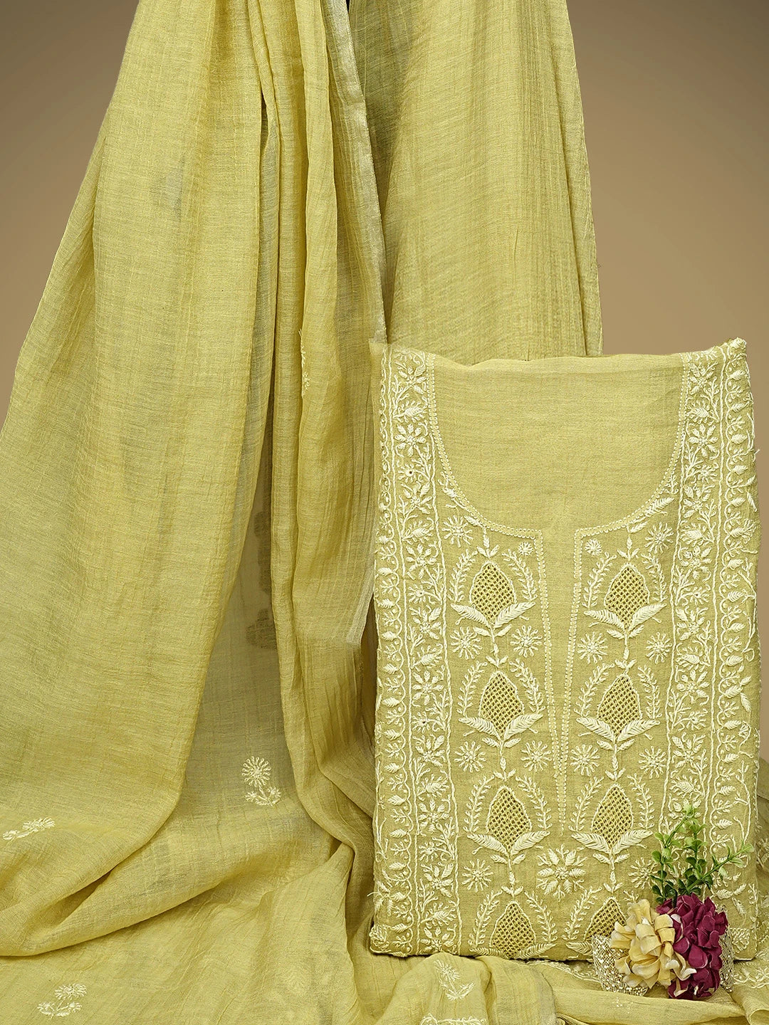 Ada Hand Embroidered Lime Green Tissue Lucknowi Chikankari Unstitched Kurta Dupatta Set 01A943637